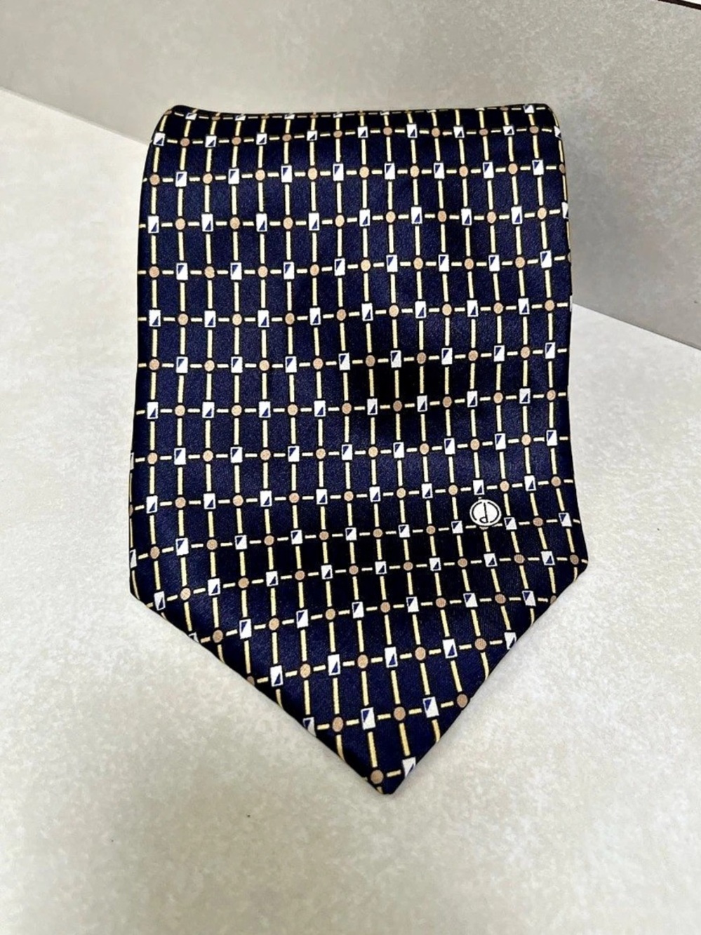 Alfred Dunhill Vintage Silk Tie Navy Blue with Yellow Geometric MCM Pattern